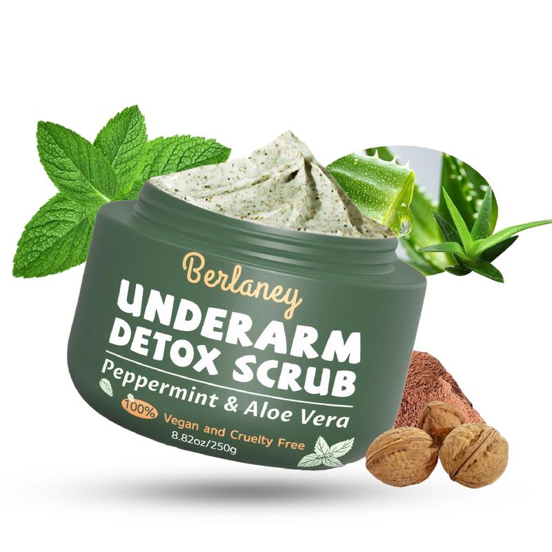 Berlaney Detox Scrub 8.8 oz with Peppermint, Aloe Vera and Walnut Shell Powder Organic, Underarm Scrub Helps Odor, Deep Cleanse Body Srub, for Legs, Knee, Feet, Hands Whole Body, Armpit Care