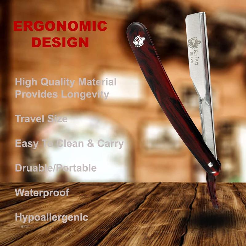 Professional Classic Straight Edge Barber Razor For Close Shaving - Salon Quality Men's Beard Cut Throat Finger Razor Shavette With 10 Shaving Blades By Krisp Beauty Easy to Use Manual Shaving Sensitive Skin Durable Kit Plastic Handle Stainless Comfort