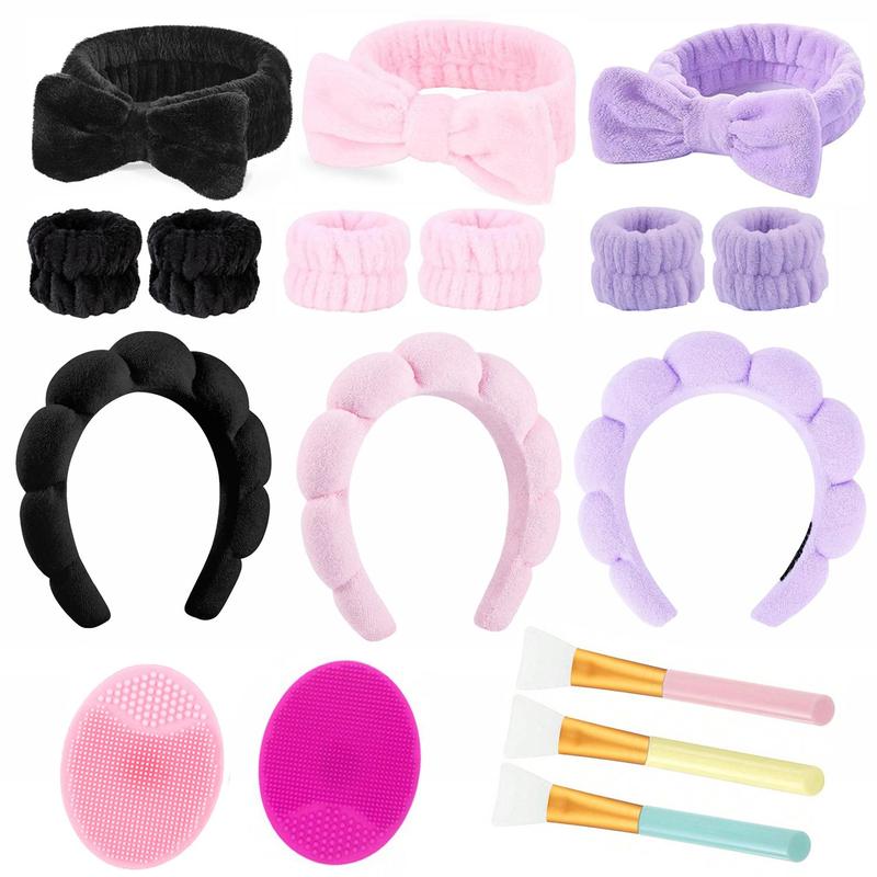 Facial Skin Care Tool Set (9 Counts set), Hair Band & Wristband & Hair Hoop & Silicone Brush, Professional Skincare Tools for Women