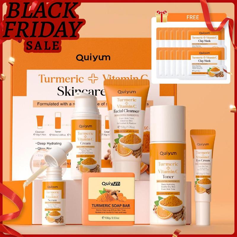 Turmeric Skincare Set, Moisturizing Skin Care Kit, Including Cleanser, Toner, Cream, Eye Cream, Serum, Soap, Mud Mask, Skin Care Product for Women, Christmas Gift