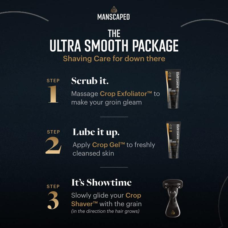 MANSCAPED® The Ultra Smooth Package, Male Hygiene Shaving Bundle, Includes The Crop Shaver® Groin Razor with Replacement Blades, Crop Gel® Ball Shaving Gel, and Crop Exfoliator®