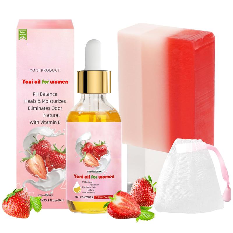 Natural Yoni Oil & Yoni Soap Bar for Women - 2 FL OZ Strawberry Coconut Fresh Feminine Care Oil & 5.29 oz Handcraft Feminine Wash Yoni Bar, Remove Odor, Hydration, Restores pH Balance and Wetness