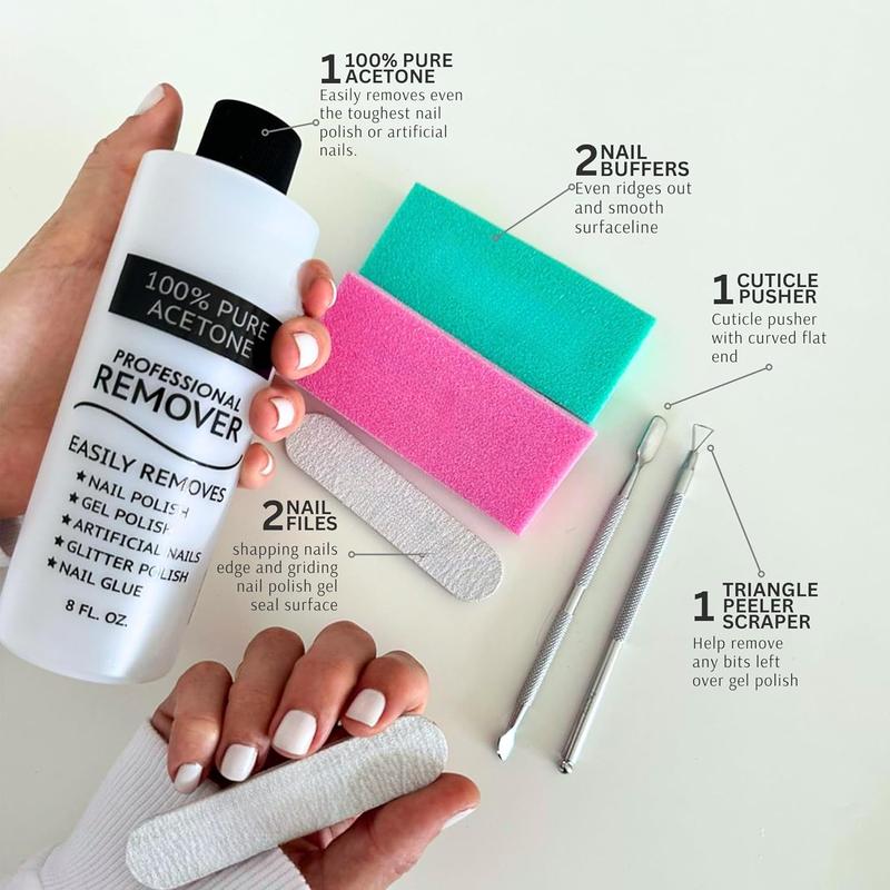 Pure Acetone Polish Remover Gel Kit with Cuticle Pusher, File, Buffer, and Scraper - Ideal for Gel Polish & Dip Powder Removal