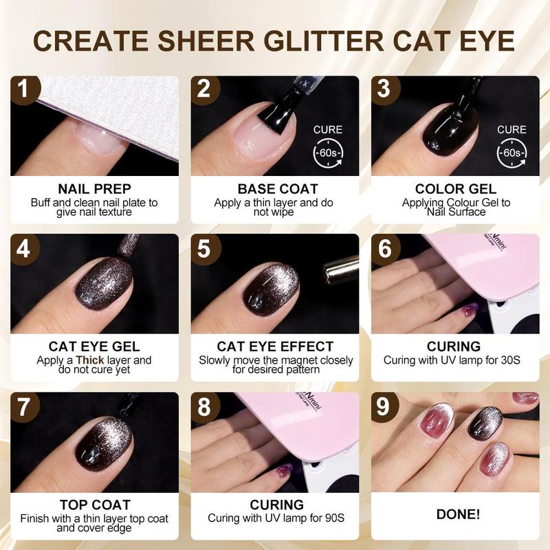 Cat Eye Design Gel Nail Polish, 10pcs set 6 Colors Glitter Reflective Nail Polish with Nail File & Nail Brush, Nail Art & Nail Polish for Home Nail Salon