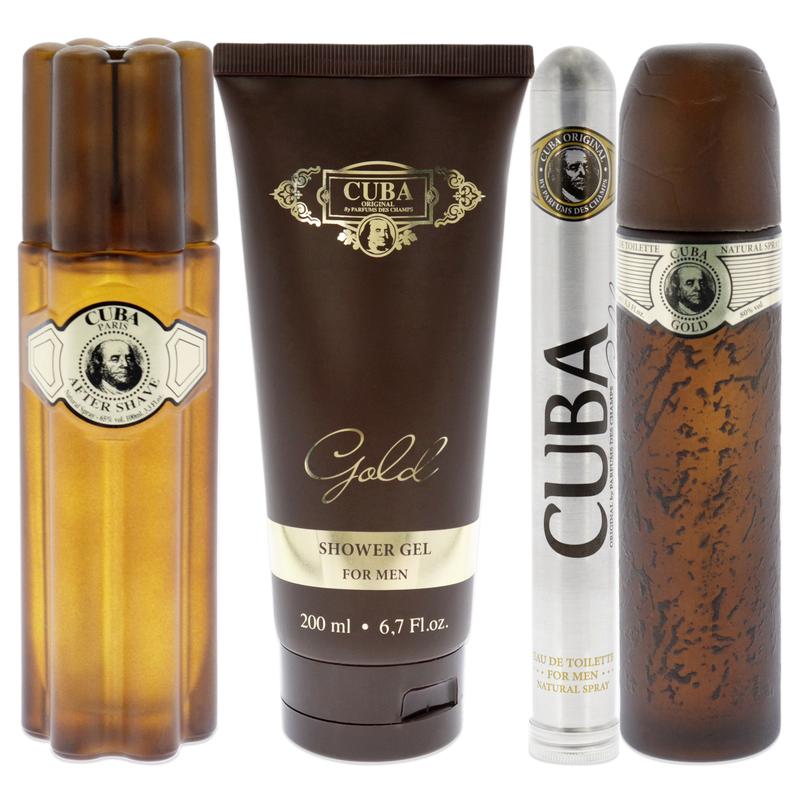 Cuba Gold by Cuba for Men - 4 Pc Gift Set 3.3oz EDT Spray, 1.17oz EDT Spray, 3.3oz After Shave, 6.7oz