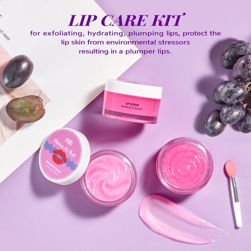 ANAiRUi Bakuchiol+Grape Lip Care Kit - Overnight Moisturizing Lip Sleeping Mask & Lip Sugar Scrub, Glossy Lip Blam for Hydrating, Lipcare Skincare Set