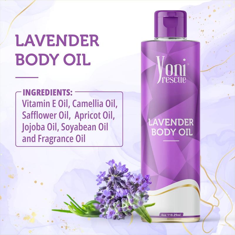 Lavender Body Oil, 4oz, with Apricot, Jojoba, Avocado Oils & Vitamin E Oil, Daily Moisturizer, Fast-Absorbing, Nourishes and Hydrates Skin,Skin Repair, Body Care, Ideal for All Skin Types, Lavender Scented Fragrance Moisturizer by Yoni Rescue