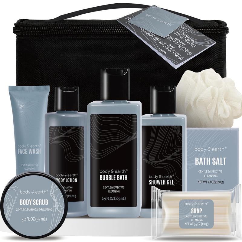 Gift Baskets for Men Body Wash Set Body & Earth Leathers Mens Bath Set with Body Lotion, Face Wash, Shower Gel, Bubble Bath, Loofah & More, Birthday Gifts for Men,regalos para hombre,Christmas Gifts