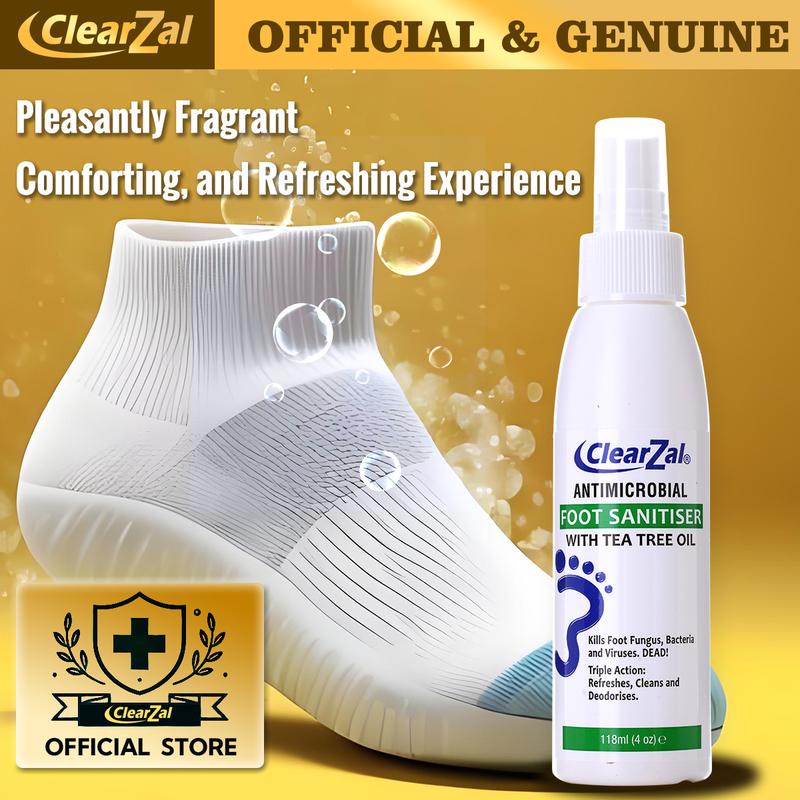 ClearZal Foot Sanitizer Spray with Tea Tree Oil, 4-Ounce Bottle ,Contains natural tea tree oil and aloe vera Long-lasting disinfectant and antibacterial spray Tinea pedis, fungal infection, burning, itching, dandruff