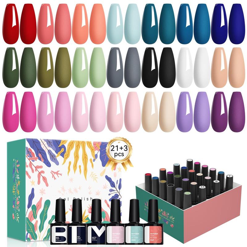 24-piece gel nail polish set with 21 spring colors, 8ml each, plus base, glossy & matte top coats. A great nail kit gift for women.