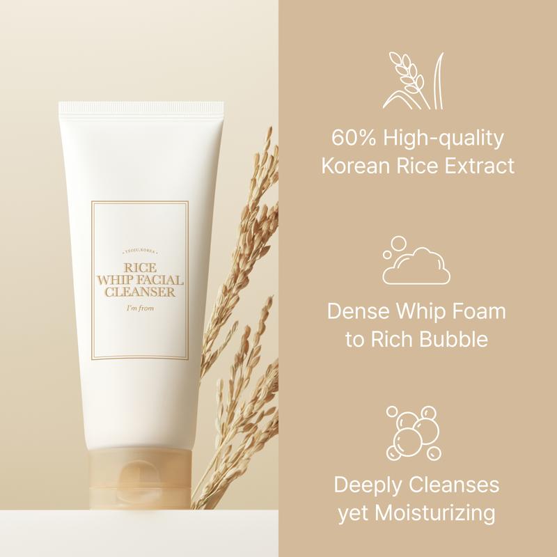 [I'M FROM OFFICIAL SHOP] I'm from Rice Whip Facial Cleanser Set, 3 pcs Gift, Exclusive on TikTok Shop, Travel Kit with Rice Face Wash 5.07 fl oz & 1.01 fl oz  & Rice Toner 1.01 fl oz, low-pH Rice Water Face Wash for sensitive, Gentle Deep Cleansing toners