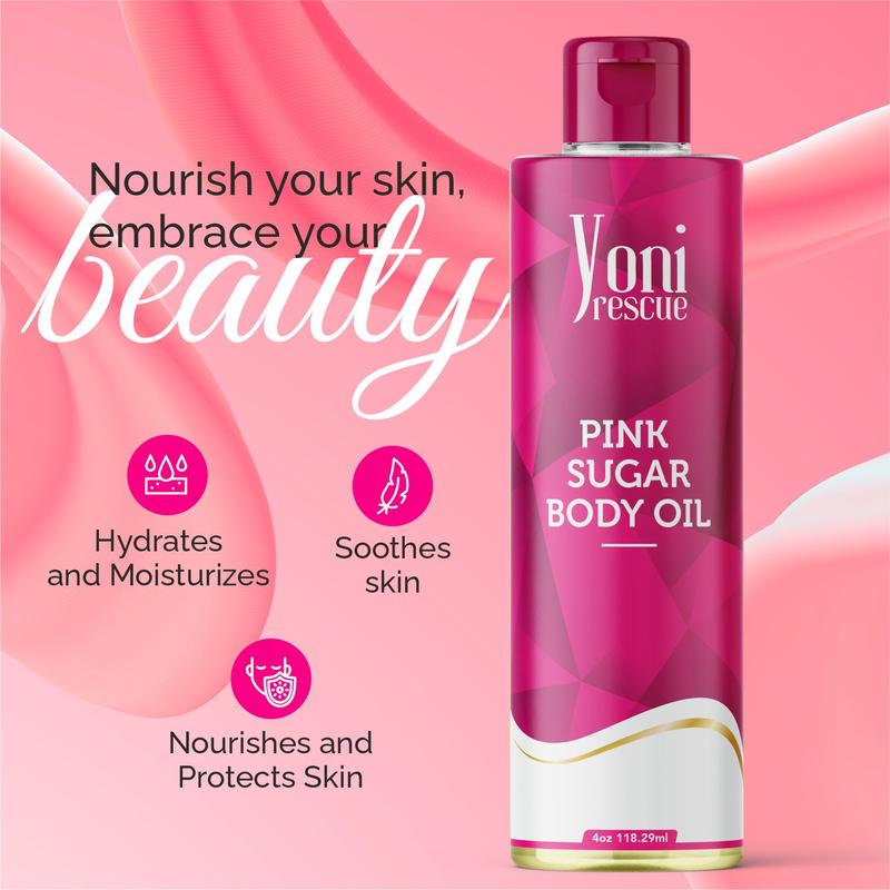 Pink Sugar Body Oil, 4oz, with Apricot, Jojoba, Avocado Oils & Vitamin E Oil, Fast-Absorbing, Nourishes and Hydrates Skin, Skin Repair, Body Care, Ideal for All Skin Types, Pink Sugar Fragrance Moisturizer by Yoni Rescue