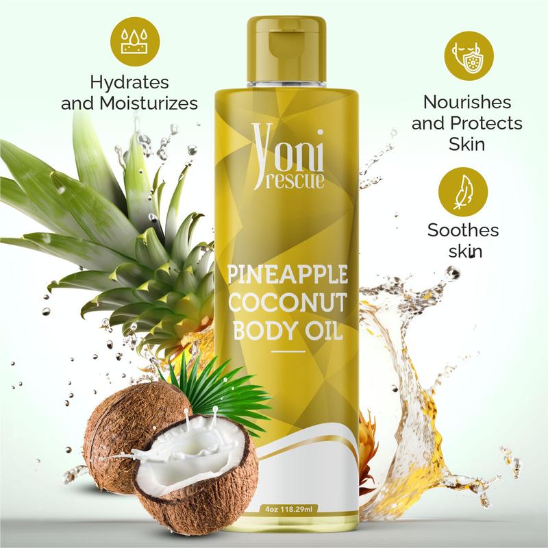 Pineapple Coconut Body Oil, 4oz, with Apricot, Jojoba, Avocado Oils & Vitamin E Oil, Fast-Absorbing, Nourishes and Hydrates Skin, Skin Repair, Body Care, Ideal for All Skin Types, Pineapple & Coconut Fragrance Moisturizer by Yoni Rescue