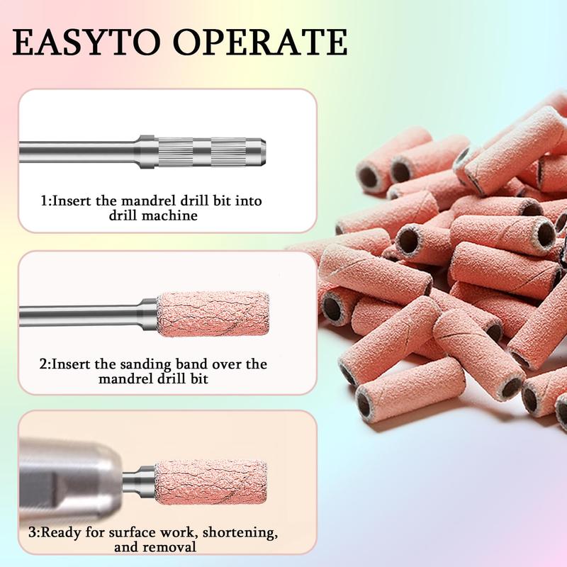 100pcs Nail Drill Bits Small Sanding Bands with 3.1mm Mandrel Bit, 240 Extra Fine Grit Nail File Sanding Bands for Acrylic Nails Gel Removing Shaping Manicures and Pedicure (Pink, 120|180|240 Grit)