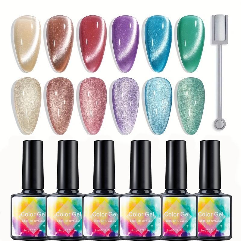 6 Colors Holographic Cat Eye Gel Nail Polish with Magnet, 7 Counts set DIY Summer Nail Art Supplies, Nail Gel Kit, Shimmery Nail Art Gel, Nail Polish