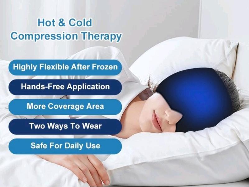 360° Gel Ice Headache Relief Hat for Migraine, Cold & Hot Therapy Reusable Head Pack Wrap Cap Relief Device, Form Fitting Eye Mask for Tension, Puffy Eyes, Sinus, Stress Relief Gift Facial Friend