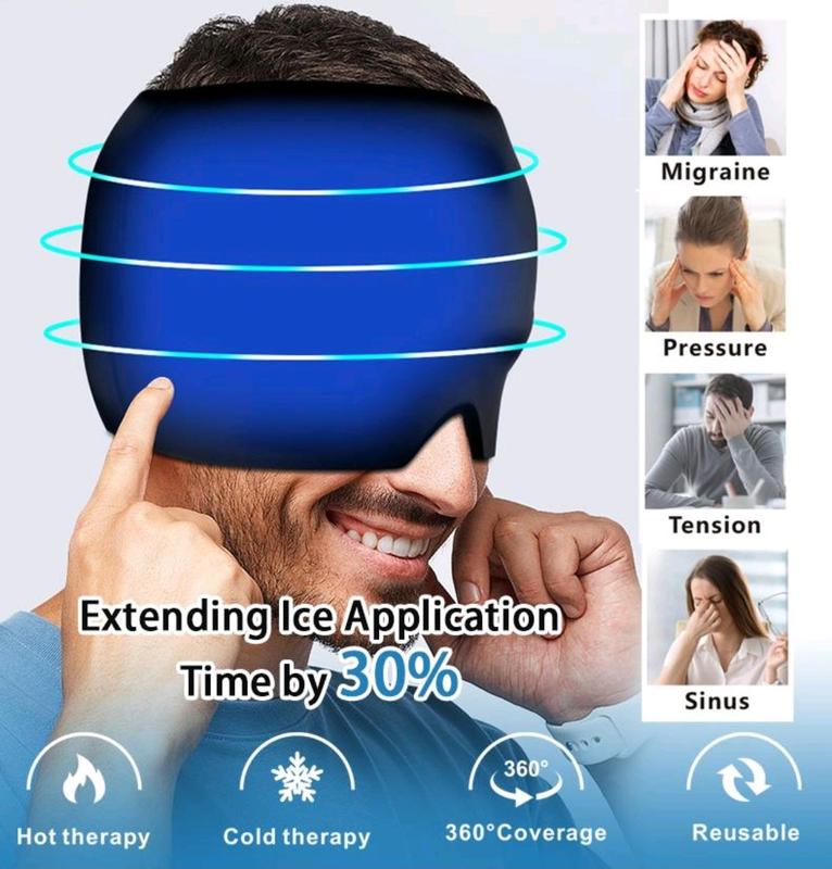 360° Gel Ice Headache Relief Hat for Migraine, Cold & Hot Therapy Reusable Head Pack Wrap Cap Relief Device, Form Fitting Eye Mask for Tension, Puffy Eyes, Sinus, Stress Relief Gift Facial Friend