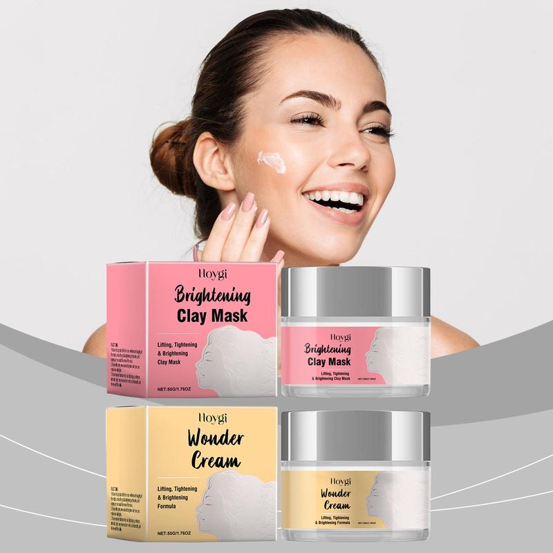 Brightening Clay Mask & Moisturizing Face Cream, 2 Counts set Oil Control Firming Face Mask & Face Cream, Face Skin Care Kit for Women & Men