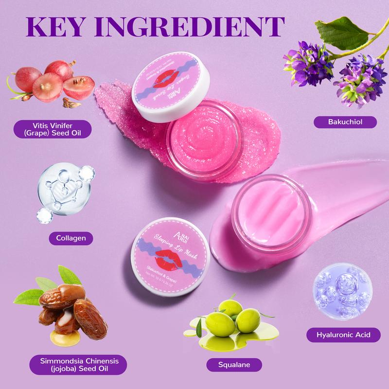 ANAiRUi Bakuchiol+Grape Lip Care Kit - Overnight Moisturizing Lip Sleeping Mask & Lip Sugar Scrub, Glossy Lip Blam for Hydrating, Lipcare Skincare Set