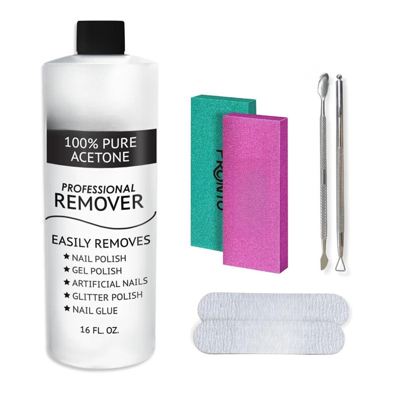 Pure Acetone Polish Remover Gel Kit with Cuticle Pusher, File, Buffer, and Scraper - Ideal for Gel Polish & Dip Powder Removal