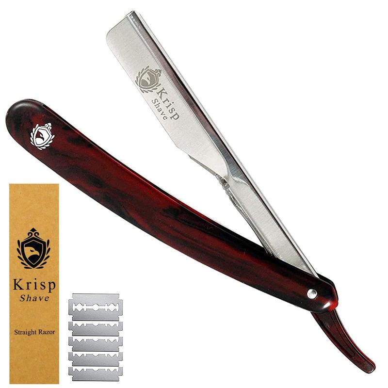 Professional Classic Straight Edge Barber Razor For Close Shaving - Salon Quality Men's Beard Cut Throat Finger Razor Shavette With 10 Shaving Blades By Krisp Beauty Easy to Use Manual Shaving Sensitive Skin Durable Kit Plastic Handle Stainless Comfort