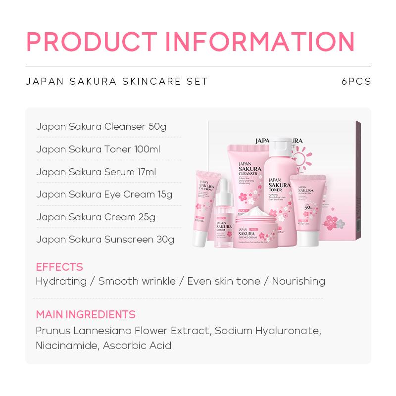 6-Piece Sakura Skin Care Set - Cleanser, Lotion, Essence, Eye Cream, Essence Cream - Moisturizing, Nourishing, Anti-Aging - Perfect Gift Set for Kids Moisturize Skin Repair Comfort Moisturizer Moisture Hydrate Hydrate