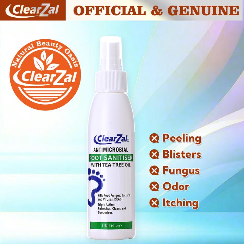 ClearZal Foot Sanitizer Spray with Tea Tree Oil, 4-Ounce Bottle ,Contains natural tea tree oil and aloe vera Long-lasting disinfectant and antibacterial spray Tinea pedis, fungal infection, burning, itching, dandruff