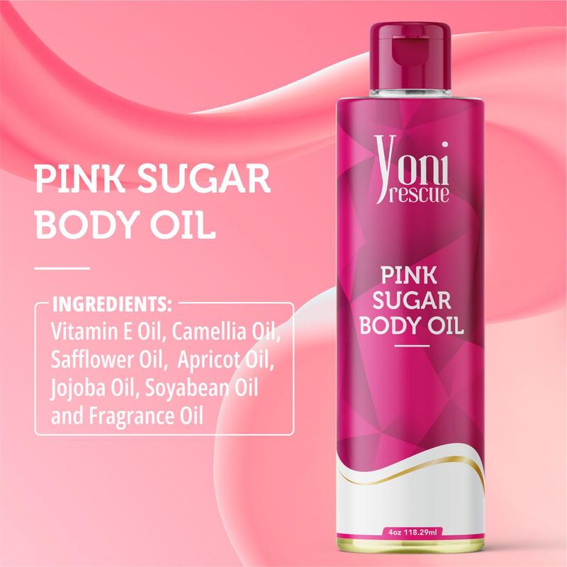 Pink Sugar Body Oil, 4oz, with Apricot, Jojoba, Avocado Oils & Vitamin E Oil, Fast-Absorbing, Nourishes and Hydrates Skin, Skin Repair, Body Care, Ideal for All Skin Types, Pink Sugar Fragrance Moisturizer by Yoni Rescue