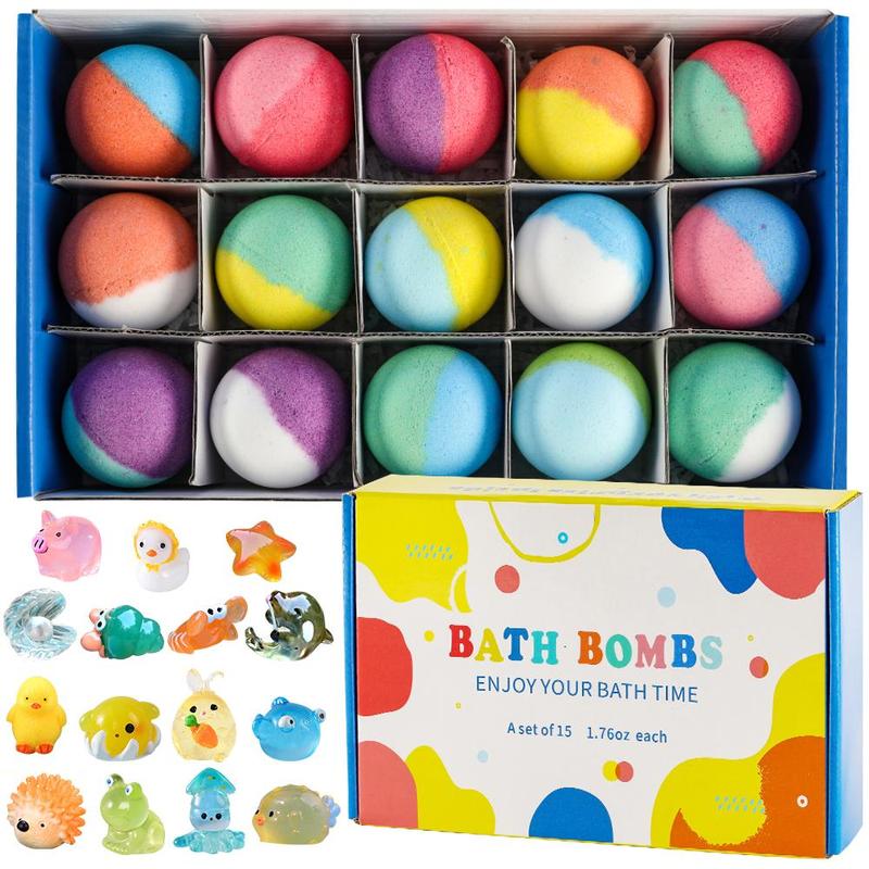 Bath Bombs for Kids with Surprise Toy Inside, 15pcs box Kids Bath Bombs Gift Set, Natural Organic Kids Bubble Bath Fizzy with Bath Toys, Gifts for Kids