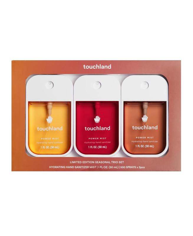 Touchland Hydrating Hand Sanitizer Spray, Limited Edition SEASONAL 3-PACK (Caramel, Pumpkin, Peppermint), Hydrating Mist, 1Fl Oz Travel Size