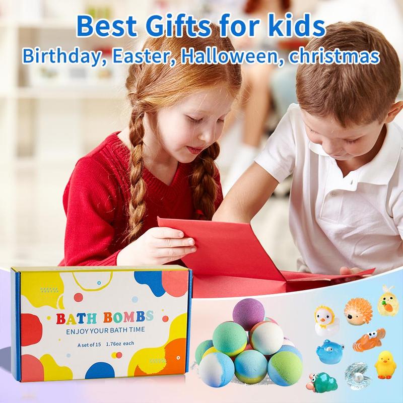 Bath Bombs for Kids with Surprise Toy Inside, 15pcs box Kids Bath Bombs Gift Set, Natural Organic Kids Bubble Bath Fizzy with Bath Toys, Gifts for Kids