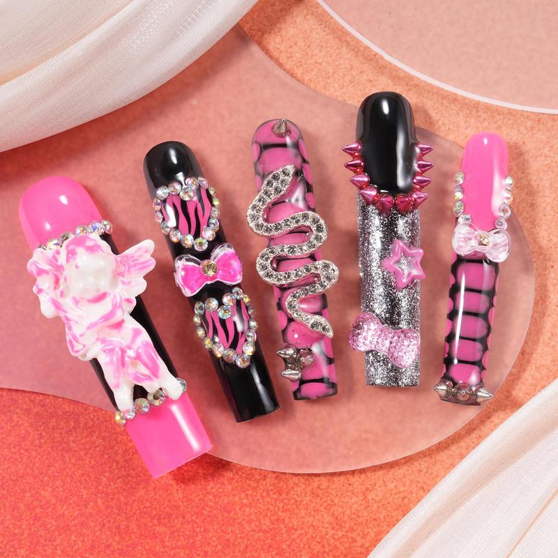 Pink Angel & Star & Bow & Rhinestone Decor Press on Fake Nail, 10pcs set Long Square Glossy False Nail, Y2K Style Effortless Press on Nails Manicure Set, Nail Supplies, Nail Charms