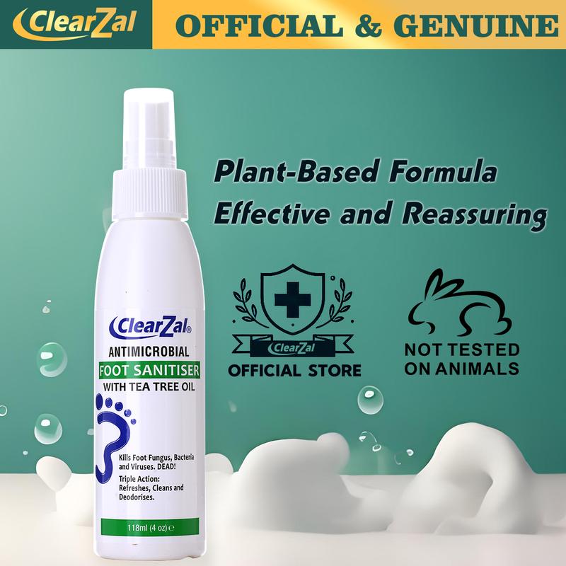 ClearZal Foot Sanitizer Spray with Tea Tree Oil, 4-Ounce Bottle ,Contains natural tea tree oil and aloe vera Long-lasting disinfectant and antibacterial spray Tinea pedis, fungal infection, burning, itching, dandruff