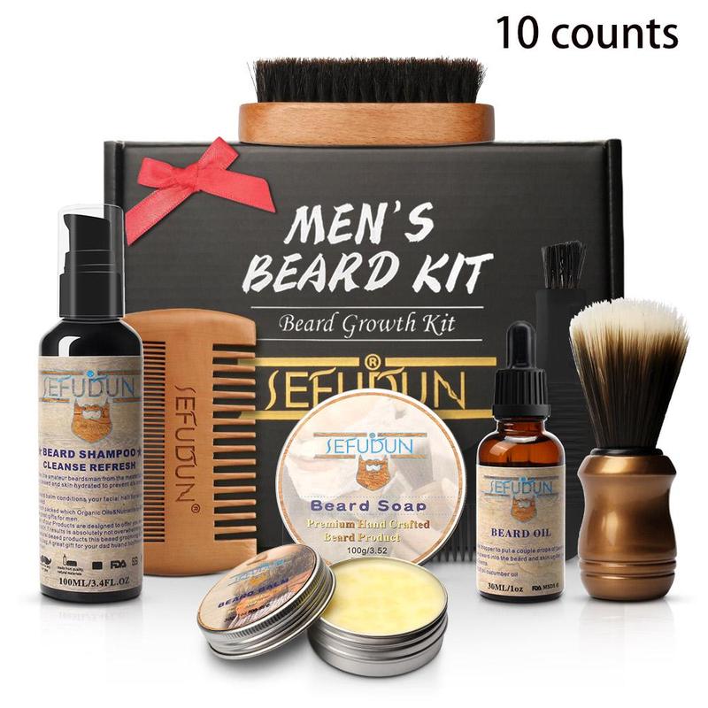 Christmas Men's Beard Care Holiday Gift Set, 10pcs set Beard Balm, Beard Oil, Beard Soap, Beard Wash, Scissors, Double-sided Wooden Comb, Styling Comb, Foam Brush, Brush, Sack, Beard Care Cleaning and Styling Tools Set, Christmas Father Boyfriend Gift