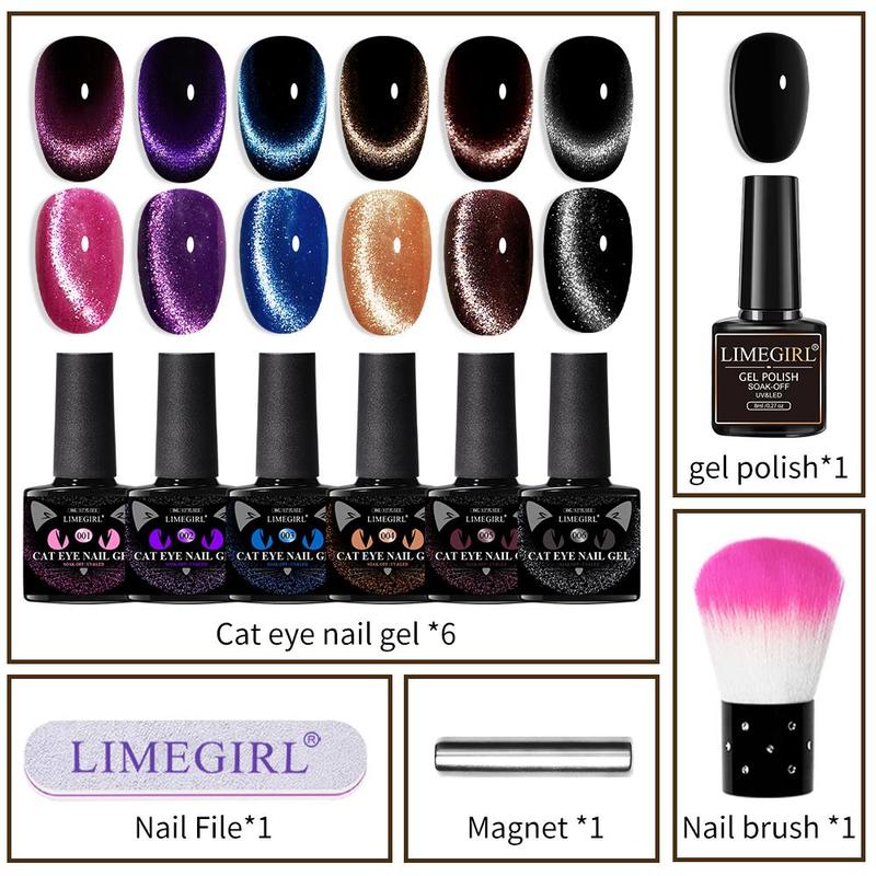 Cat Eye Design Gel Nail Polish, 10pcs set 6 Colors Glitter Reflective Nail Polish with Nail File & Nail Brush, Nail Art & Nail Polish for Home Nail Salon