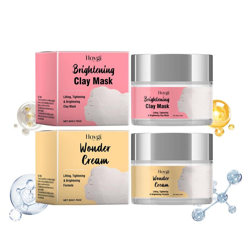 Brightening Clay Mask & Moisturizing Face Cream, 2 Counts set Oil Control Firming Face Mask & Face Cream, Face Skin Care Kit for Women & Men