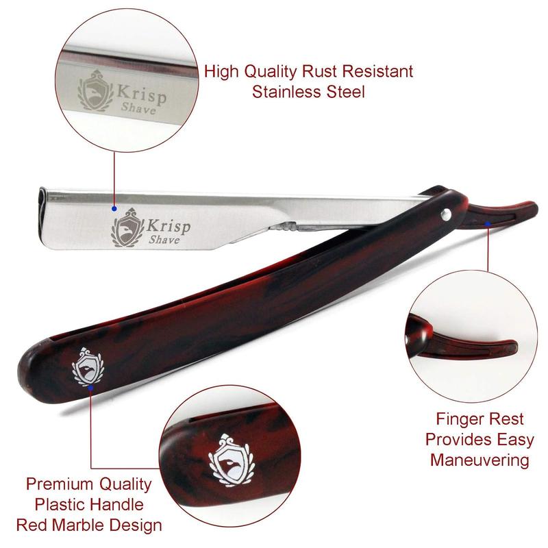 Professional Classic Straight Edge Barber Razor For Close Shaving - Salon Quality Men's Beard Cut Throat Finger Razor Shavette With 10 Shaving Blades By Krisp Beauty Easy to Use Manual Shaving Sensitive Skin Durable Kit Plastic Handle Stainless Comfort