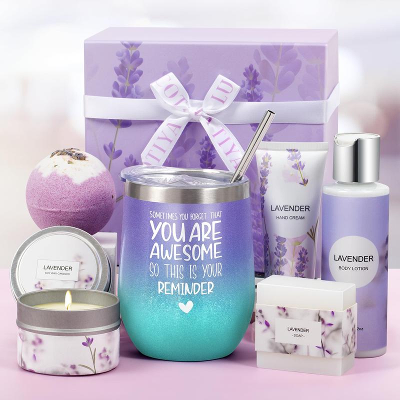 Gifts for Women, Birthday Gifts for Women Spa Gifts Baskets for Women Bubble Bath and Body Gifts Set for Women Lavender Gifts for Mom Her Female Sister Mother Teacher Wine Tumbler Purple Gifts