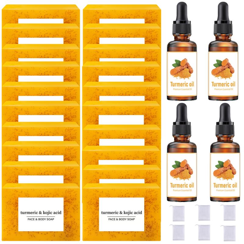 Turmeric Kojic Acid Soap & Essential Oil Set, 24pcs set Turmeric Facial Oil & Soap Bar for Face & Body Wash with Soap Bag, Daily Skin Care Sets for Women & Men