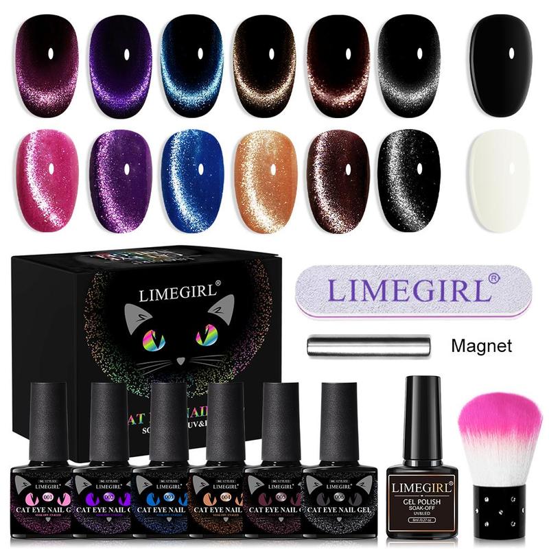 Cat Eye Design Gel Nail Polish, 10pcs set 6 Colors Glitter Reflective Nail Polish with Nail File & Nail Brush, Nail Art & Nail Polish for Home Nail Salon