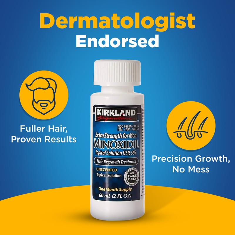 Kirkland Signature Minoxidil Liquid Extra Strength Hair Loss Regrowth Treatment for Men, 5% Topical Solution for Hair Growth with Premium Hair Brush