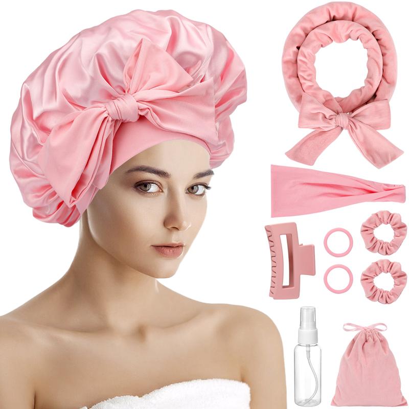 Solid Color Satin Bonnet with Heatless Curls Kit, 10 Counts set Hair Care Kit for Sleeping, Night Cap, Silky Bonnet with Elastic Tie Band for Curly Hair