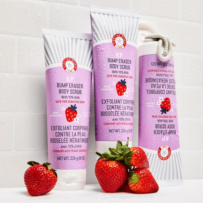 First Aid Beauty - KP Bump Eraser Body Scrub with 10% AHA, Keratosis Pilaris Exfoliating Skin Cleanser with 10% Lactic Acids Glycolic, Pumice & Bisabolol, Reduces Bumps, Strawberry Scent, 2 oz Body Care Smooth