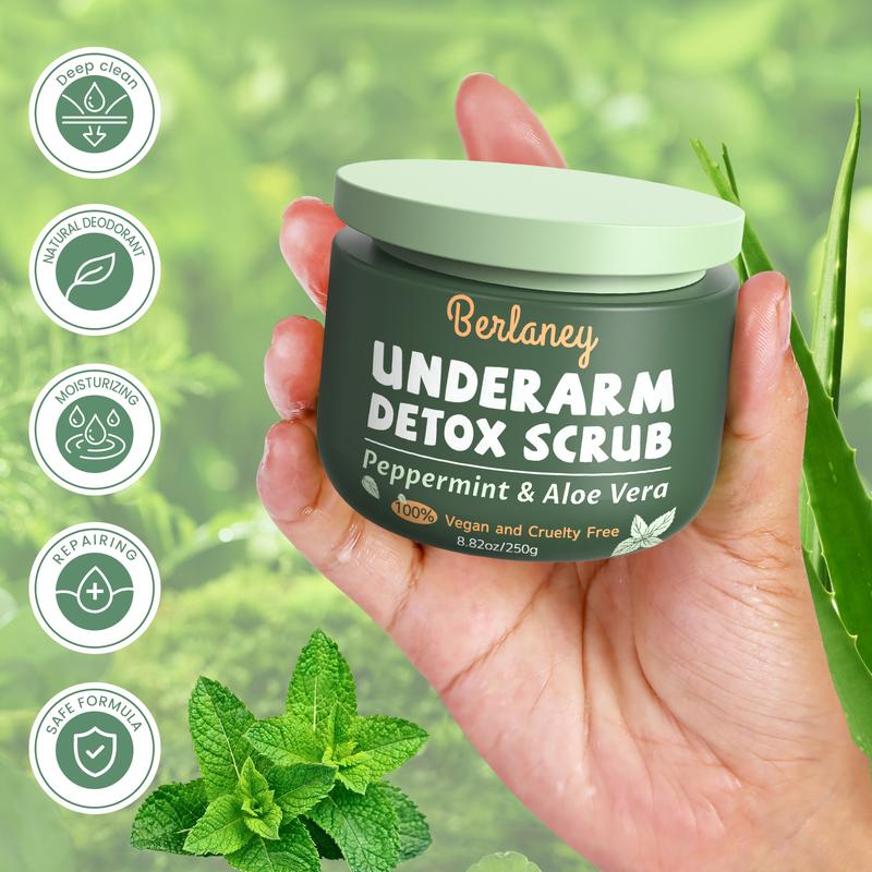 Berlaney Detox Scrub 8.8 oz with Peppermint, Aloe Vera and Walnut Shell Powder Organic, Underarm Scrub Helps Odor, Deep Cleanse Body Srub, for Legs, Knee, Feet, Hands Whole Body, Armpit Care