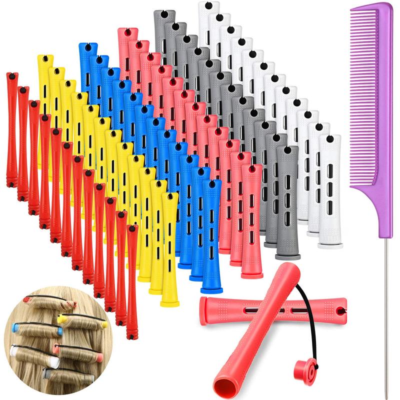 72 count Hair Perm Rods Set, Short Plastic Perming Rods Cold Wave Rods 6 Sizes Hair Curling Rollers with  Steel Pintail Hair Comb for Hairdressing Hair Styling