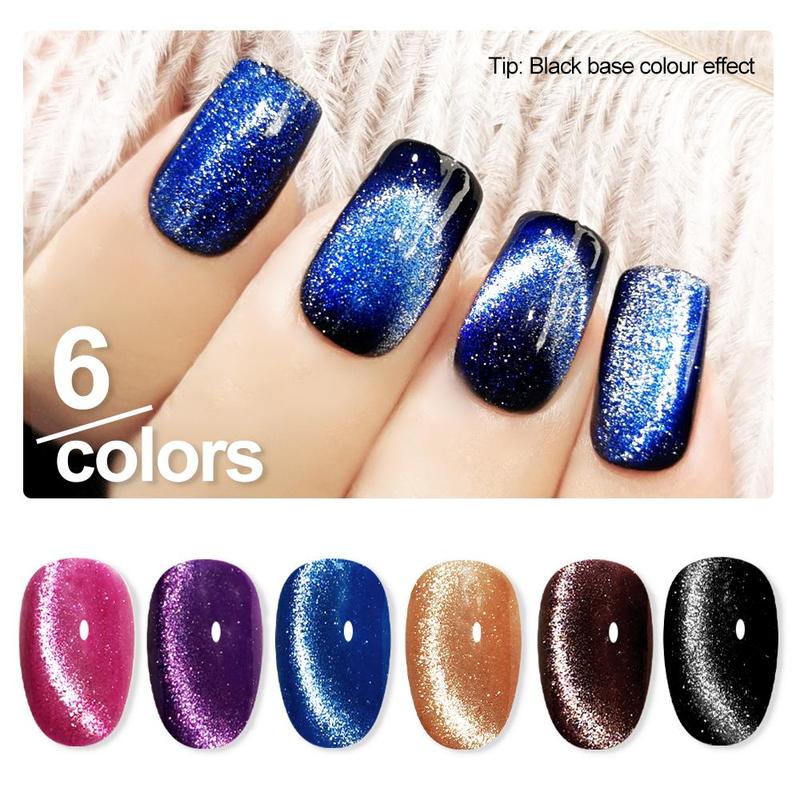 Cat Eye Design Gel Nail Polish, 10pcs set 6 Colors Glitter Reflective Nail Polish with Nail File & Nail Brush, Nail Art & Nail Polish for Home Nail Salon