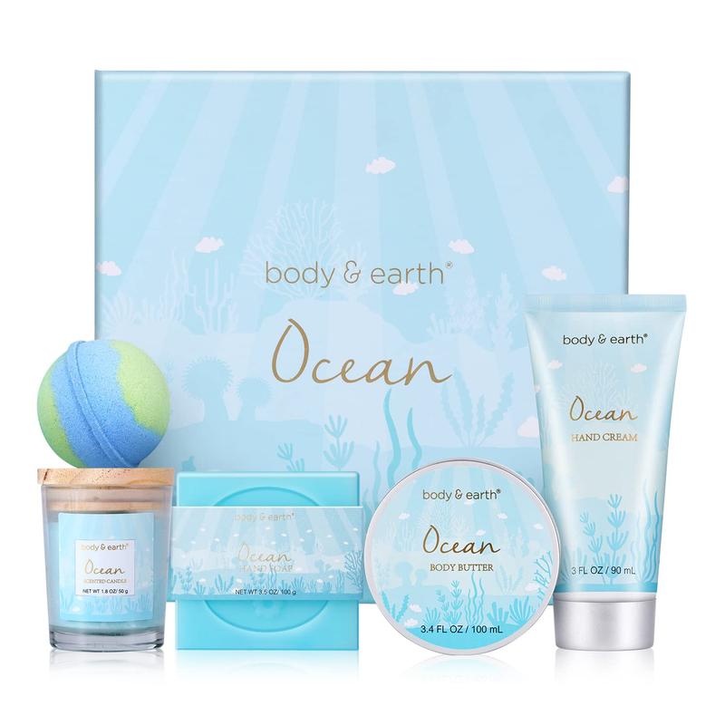 Bath and Body Gift Set for Women with 5 Pcs Ocean Scented Spa Gifts for Women, Bath Sets Includes Scented Candle, Body Butter, Hand Cream, Bath Bomb, Easter Birthday Mother's day Gifts for Women