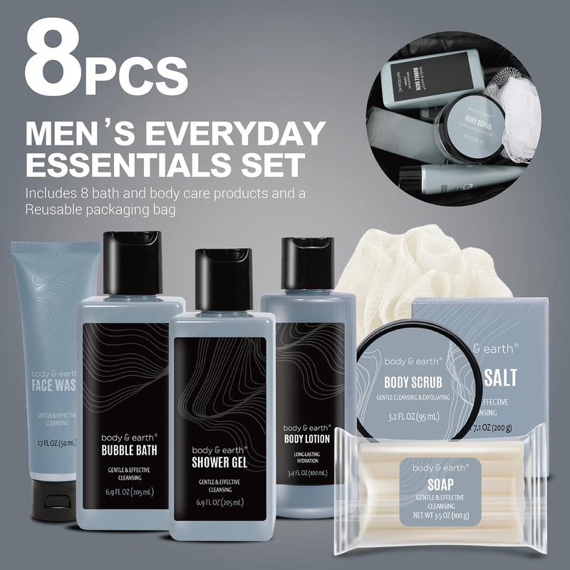 Gift Baskets for Men Body Wash Set Body & Earth Leathers Mens Bath Set with Body Lotion, Face Wash, Shower Gel, Bubble Bath, Loofah & More, Birthday Gifts for Men,regalos para hombre,Christmas Gifts