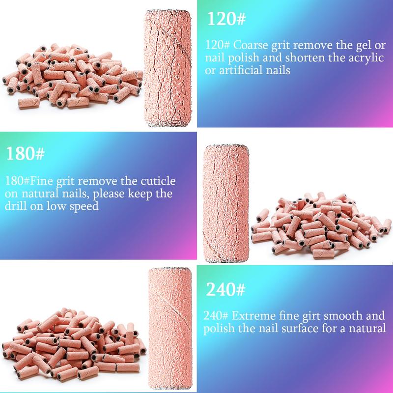 100pcs Nail Drill Bits Small Sanding Bands with 3.1mm Mandrel Bit, 240 Extra Fine Grit Nail File Sanding Bands for Acrylic Nails Gel Removing Shaping Manicures and Pedicure (Pink, 120|180|240 Grit)