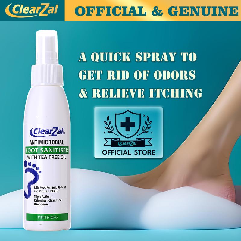 ClearZal Foot Sanitizer Spray with Tea Tree Oil, 4-Ounce Bottle ,Contains natural tea tree oil and aloe vera Long-lasting disinfectant and antibacterial spray Tinea pedis, fungal infection, burning, itching, dandruff